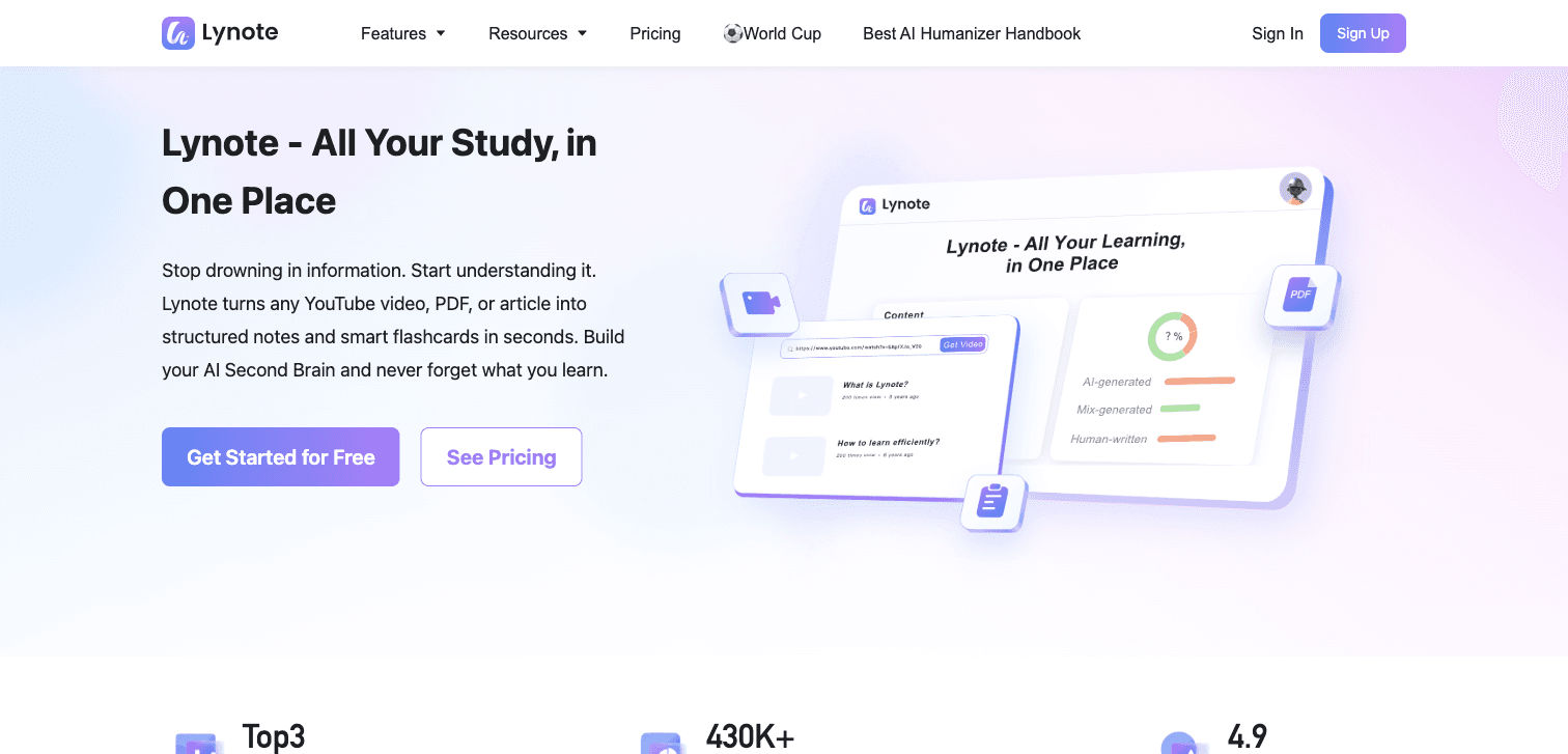深度报告：Lynote — All-in-one AI study assistant — YouTube/PDF/article → notes, flashcards, AI detector.
